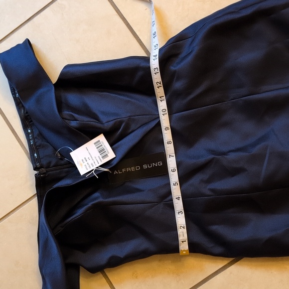 NWT Alfred Sung Off-The-shoulder Cuff Trumpet  Gown Slit Midnight Navy Blue 6 - Picture 10 of 13